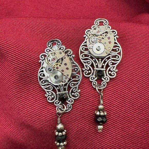 Steampunk Dangle Post Earrings Watch Gear 17 Jewels. - Picture 12 of 14